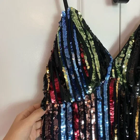 Fashion Nova Black and Green Sequin striped Dress adjustable straps NWT size L - Picture 10 of 16